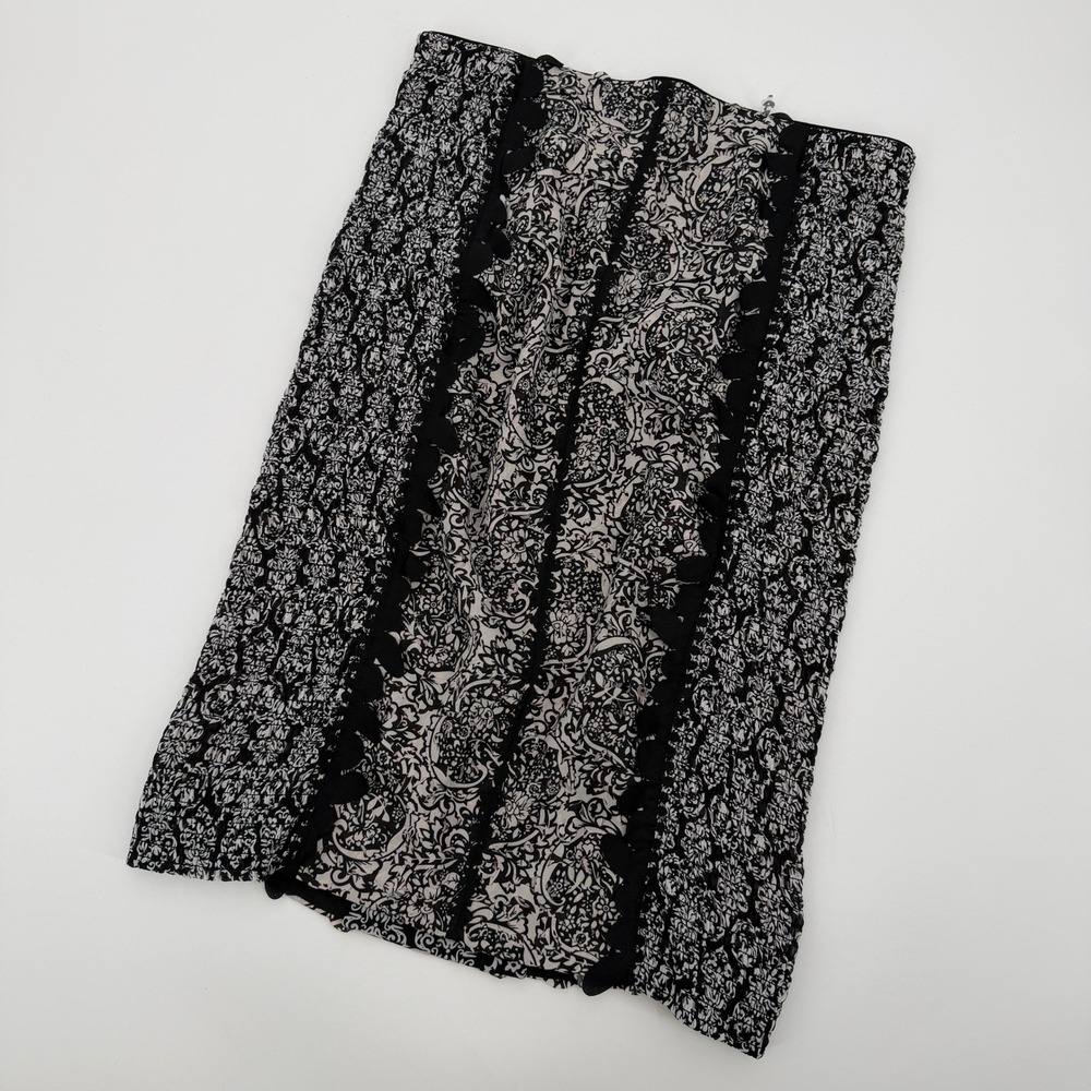 Beguile by Byron Lars Black White Damask Smocked Scallop Pencil Skirt 4 Romantic